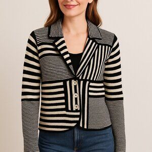 Avec Knit Blazer Jacket Size M Color Block Striped Black and White Smart Casual